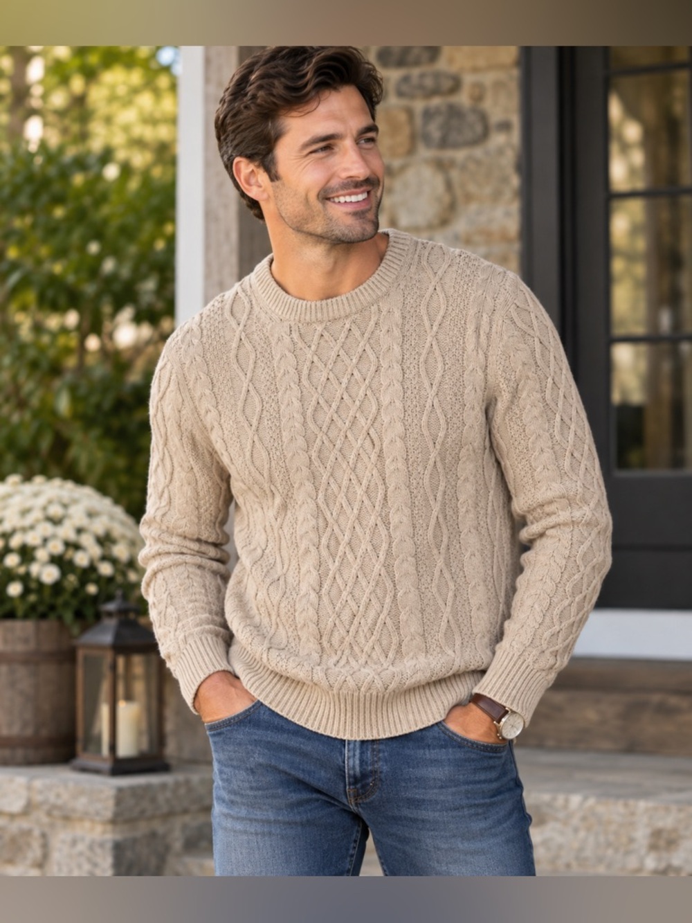 J.Crew Mercantile Men’s M (est) Cream Cable Knit 100% Cotton Crewneck Sweater